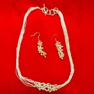 New 4 strand silver bead necklace & earrings and bracelet set
